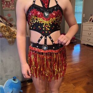 Glamour Black and Red Dance Costume with Fringe